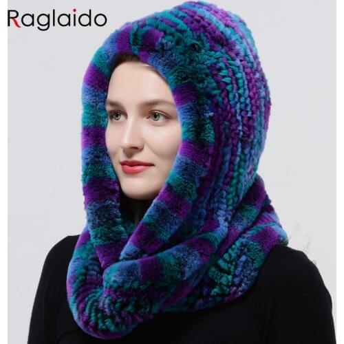Winter Hood Hat Knitted Rex Rabbit Fur Multi Color Headwear Women Female Warm Fur Hats