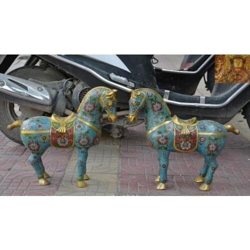 17"Old Chinese Feng shui bronze Cloisonne enamel Zodiac animal horse statue