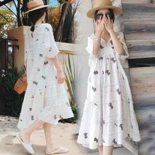1878# Double Layer 2021 Summer Korean Fashion Maternity Dress V Neck A Line Loose Clothes for Pregnant Women Linen Pregnancy