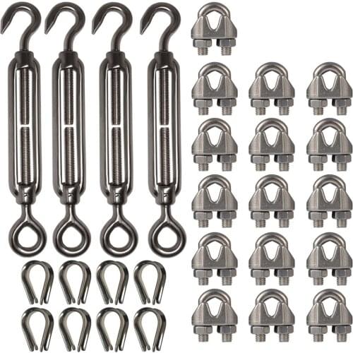 4-Pcs Turnbuckle/Tension(Eye&Hook, M6), 16-Pcs 1/8 Inch Wire Rope Cable Clip/Clamp(M3), 8-Pcs Thimble(M3), Stainless Steel Kit
