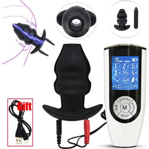 Electro Shock Hollow Anal Plug E-stim Anal Sex Toy Kit Enema Clean Anal Dilator Vaginal Speculum Prostate Massage Dildo Vibrator