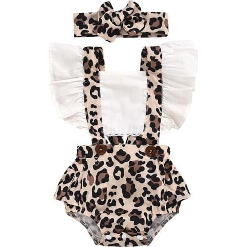 0-24M Newborn Infant Baby Ruffle Sleeves Romper with Rabbit Headbands Cotton Leopard Polka Dot Rompers Onesie for Baby Girls