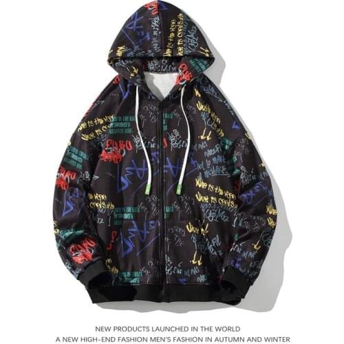 Harajuku Zip Up 2021 Oversize Autumn Spring Black White Print Hoodies MenS Sweatshirts Hip Hop Punk Streetwear Casual Pullover