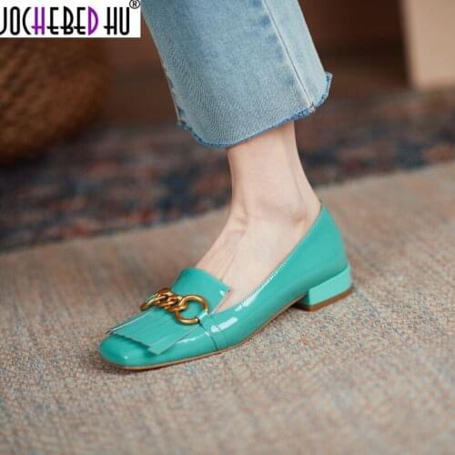 【JICHEBED HU】Concise Designer Shoes for Women Genuine Leather Low Heels Pumps 2021 New Spring Working Loafers Working Party Shoe