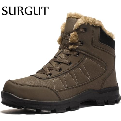SURGUT Waterproof Winter Men Boots with Fur Warm Snow Boots Men Work Casual Shoes High Top Rubber Ankle Boots Plus size 39~47
