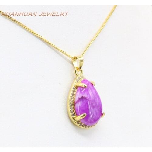 Natural Light Purple Jades Stone Pendant 16x25mm Water Drop Gold Stainless Steel Rhinestone Chain Women Jewelry B3332