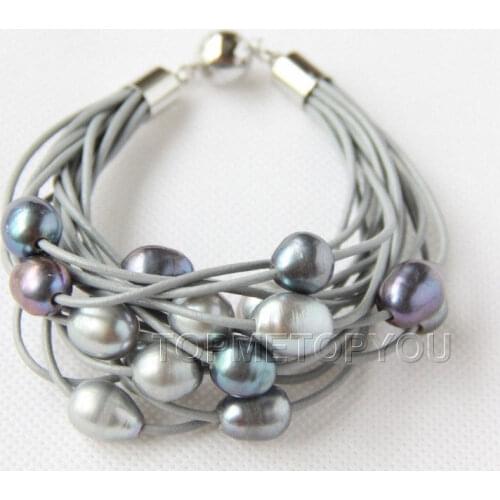 Wholesale price 16new ^^^^15Strands gray black pearls gray leather bracelet magnet e2355
