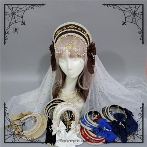 Palace Style Original Vintage lolita Lace Pearl Bead Chain Halo kc Gothic Girl Virgin Mary Cosplay Handmade Headwear Crown Props
