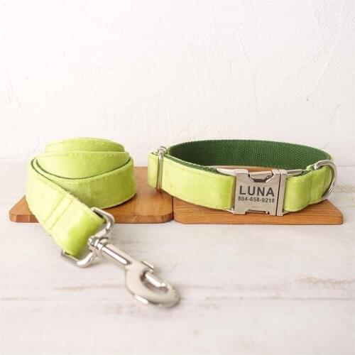 Personalized Dog Collar Custom Pet Collar Engraving ID Name Tag Pet Accessory Avocado Green Thick Velvet Puppy Collar Leash Set