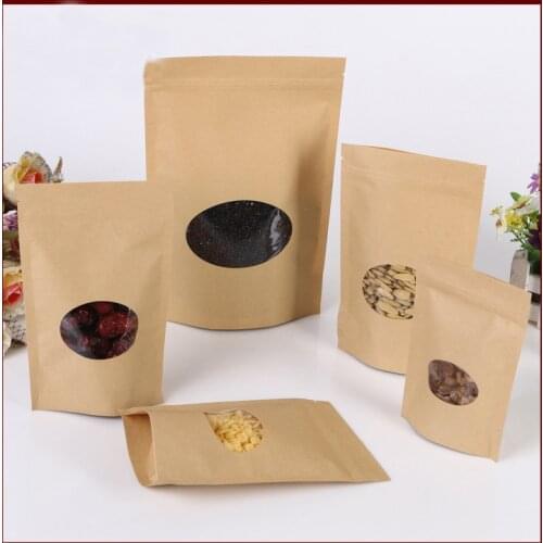 300pcs/lot Brown Kraft Paper Bag With Round Window Stand Up Zipper/zip Lock Jewelry Packaging Bag Paper Bags For Gifts/tea Bags