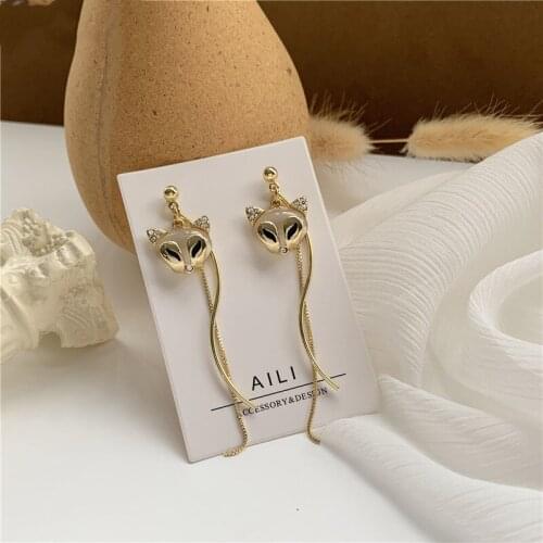 Cute Fox Portrait Rhinestone Metal Chain Tassel Drop Earrings Korean Animal Style Pendent Earrings for Women Girls Ear Jewelry