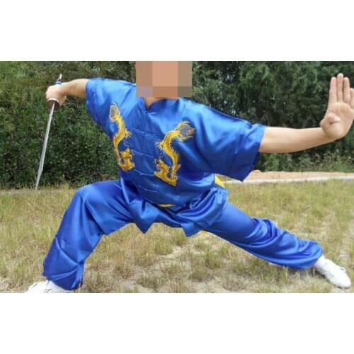 Unisex blue martial arts short-sleeve dragon uniforms taiji clothing sets Ssangyong embroidery tai chi suit Summer Kids&Adult
