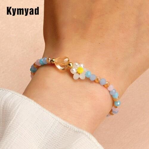 Kymyad Ethnic Bracelets For Women Bijoux Beaded Wrist Bracelets Crystal Beads Stone Flower Charming Bracelet Best Friend Gifts