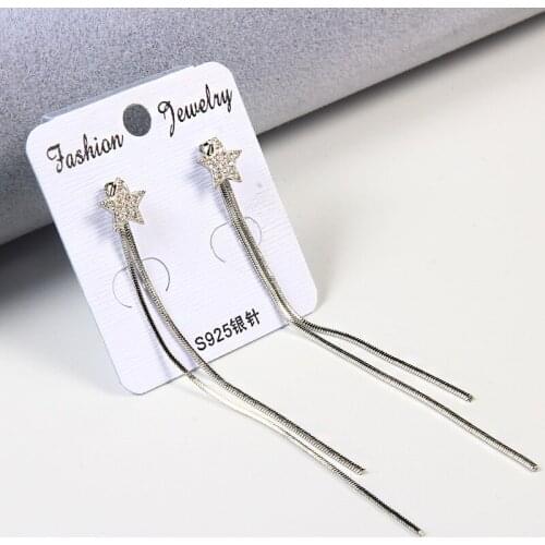 LADYCHIC Romantic Pentagram Tassel Earrings Silver Color Zircon Long Chain Dangle Earrings Star Jewelry for Women Party LE1394