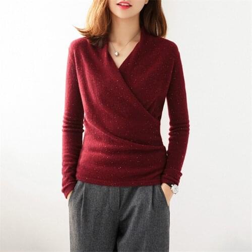 Fine goat cashmere dots clip yarns knit cross Vneck women fashion pullover sweater claret S-2XL
