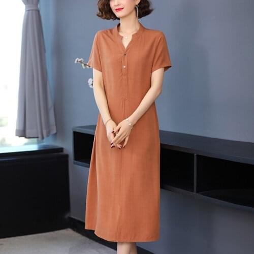 2021 Women short Sleeve Summer Shirt Dress Cotton Dresses Elegant Solid Work Office Vestidos Female Robe