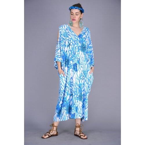 Shoulder Detailed Coral Patterned Blue Color Veined Summer Dress For Women 2021 New Fashion With Plus Size Options