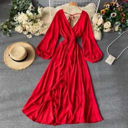 Womens Dress Holiday Ins Hollow Backless Lace-up Waist Irregular Ruffled Chiffon Beach Style Mid-Calf Lantern Sleeve V-Neck