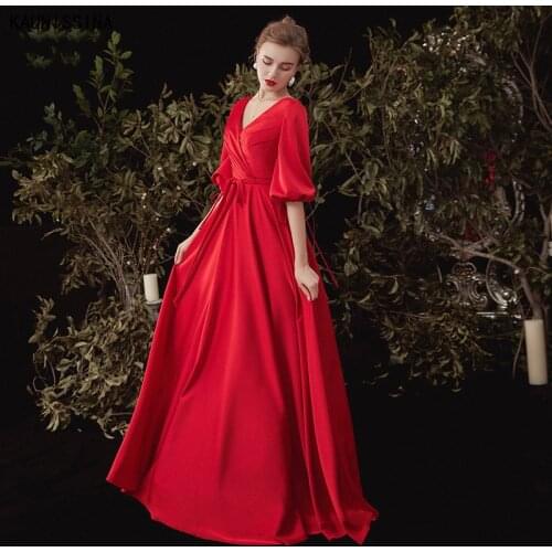 KAUNISSINA Elegant Red Bridal Gowns High Quality Half Sleeve V-Neck Open Back Wedding Dress A-Line Floor Length Robe De Marriage