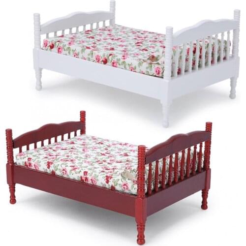 1:12 Mini Doll House Bedroom Bed Model Toys Bedroom Wooden Furniture Toys Children DIY Dollhouse Accessory