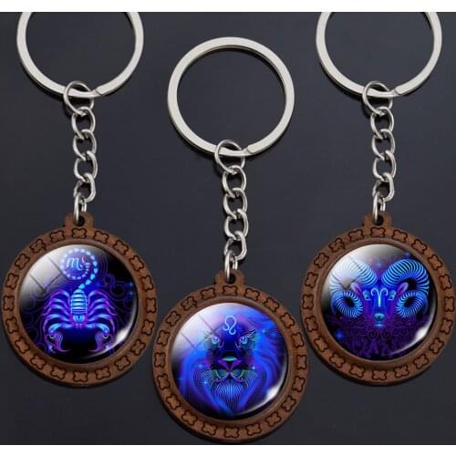12 Constellations Wooden Key Chains 12 Zodiac Signs Glass Cabochon Pendant Keychain Aries Leo Scorpio Pisces Cancer Keyring