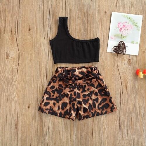 2021 Fashion Leopard Girls Clothes Sets 2pcs One Shoulder Tops Bandage Shorts Outfits Children Summer Clothing for 1-5Y