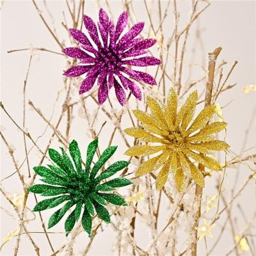 6pcs Glitter Artificial Flower Christmas Flowers For Home Merry Christmas Tree Decoration Wedding Diy Head Flower Xmas Supply