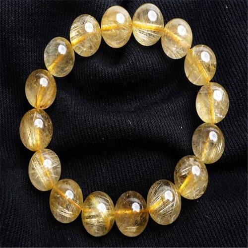 Genuine Natural Gold Rutilated Quartz Crystal Stone Stretch Women Man Strretch Wealth Bracelet 13.5-14mm