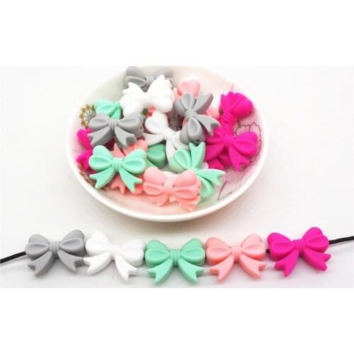 Chenkai 20pcs Silicone Bow Tie Teether Beads DIY Baby Shower Teething Montessori Sensory Toy Bow-Knot Jewelry Making Beads