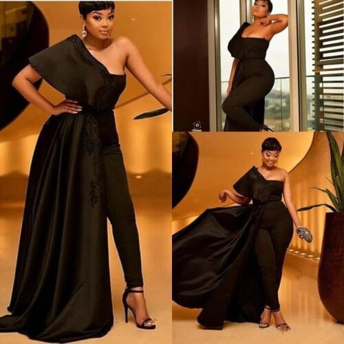 Black Jumpsuit Prom Dress With Appliques Sequins One Shoulder Overskirts African Evening Dresses With Pant Suits Plus Size Part