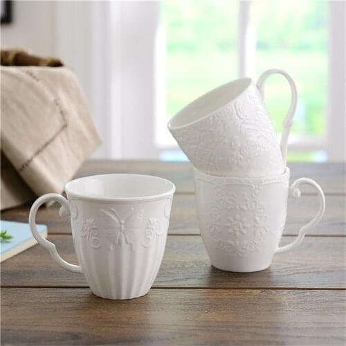 European White Porcelain Embossed Rose Coffee Mug Bone China Vintage Breakfast Milk Mug Creative Simple Office Tea Cup Drinkware