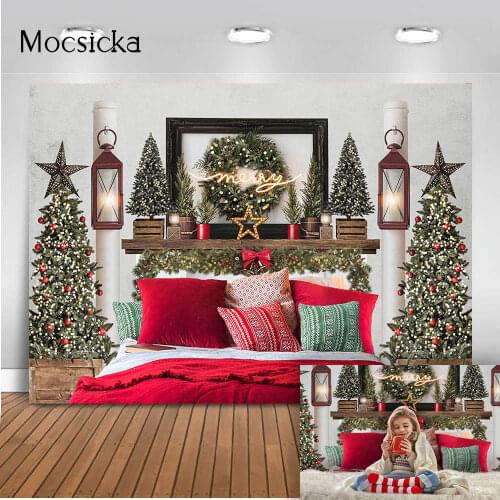 Merry Christmas Photography Backdrop Kitchen Brick Fireplace Photo Booth Background Studio Portrait Christmas Tree Photobooth