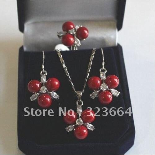 Hot Sell! Beautiful Coral/Shell Pearl Flower Pendant Necklace Earring Ring Set