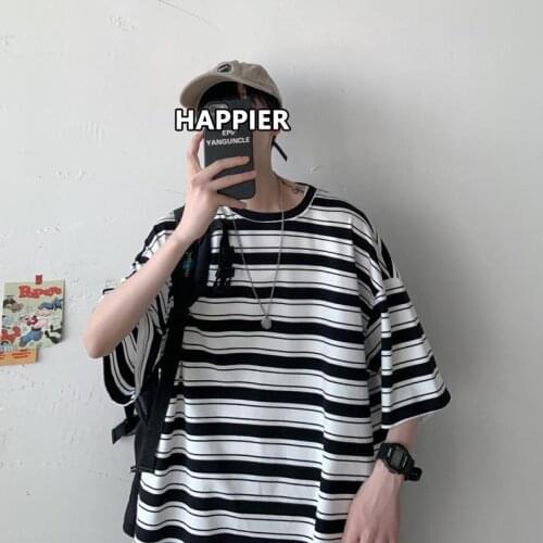 Cotton Men T Shirt Striped Short Sleeve O Neck Europe Style Harajuku Hip Pop Korean Fashion Vintage Couple Clothes Streetwear