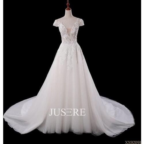 Jusere A-line Wedding Dress beads tulle V-neck Short Sleeves Bridal Gown Robe De Mariage Vestido de Noiva