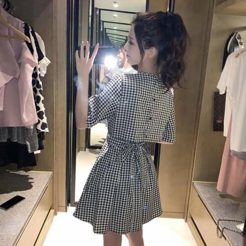 Summer Missy Girls Clothing Lace-Up Plaid Dress Slim Woman Casual Short Sleeves Hollow Ruched High Waist A-Line Mini Party Dress