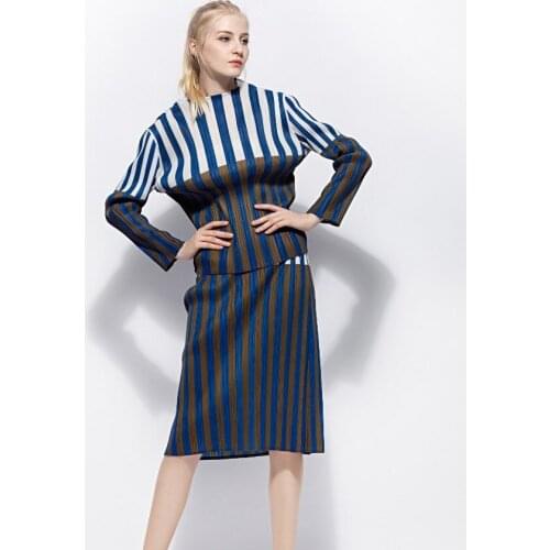 HOT SELLING Miyake fold fashion led word long sleeve slash neck T-shirts + striped two-piece skirts IN STOCK