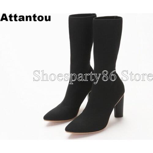 Fashion Elastic Pointed Toe Block Heeled Sock Boots Women High Heel Shoes Stretch Fabric Mid-calf 7cm and 9cm boot
