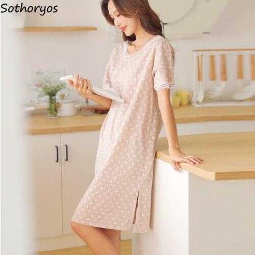 Women V-neck Nightgowns Letter Lace Gentle Loose Fresh Teenagers Sleepshirts Side-slit Summer Cozy Ulzzang Home Females Lounge