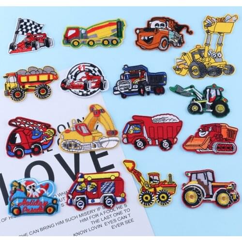 Cartoon Trucks Embroidery Patches Engineering Vehicles Iron on Patch Thermo Excavator Appliques Kids Clothes Bulldozer Patches
