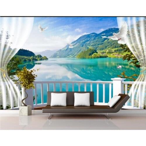 Custom mural on the wall 3d wall paper Window Baige Mountain and water landscape home decor photo wallpaper in the living room
