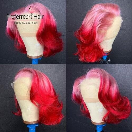 Preferred Pink Red Lace Front Wig Brazilian Remy Ombre Blue Lace Frontal Wig Preplucked Short Human Hair Wigs For Black Women