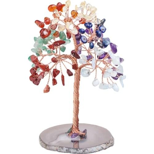 TUMBEELLUWA 7 Chakra Crystal Money Tree with Agate Slice Base Home Table Decor Healing Stones Figurine Ornament for Wealth&Lucky