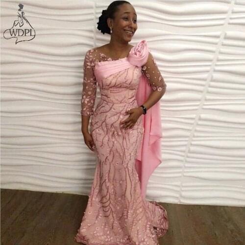 Gorgeous Asoebi Style Evening Dress 2021 New Lace Illusion 3/4 Sleeves Nigeria Women Dresses Mermaid Long Prom Gowns Plus Size