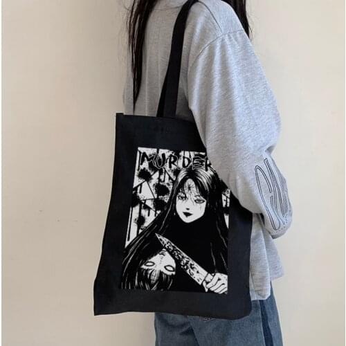 Japanese Anime Tomie casual dark shoulder bags Women bag Harajuku canvas bag gothic horror cartoon large capacity shopper bag