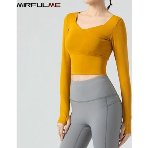 Women Long Sleeve Sport T-Shirt Quick Dry Slim Padded Yoga Shirt V-neck Thumb Hole Running Sweatshirt Girls Gym Workout Crop Top