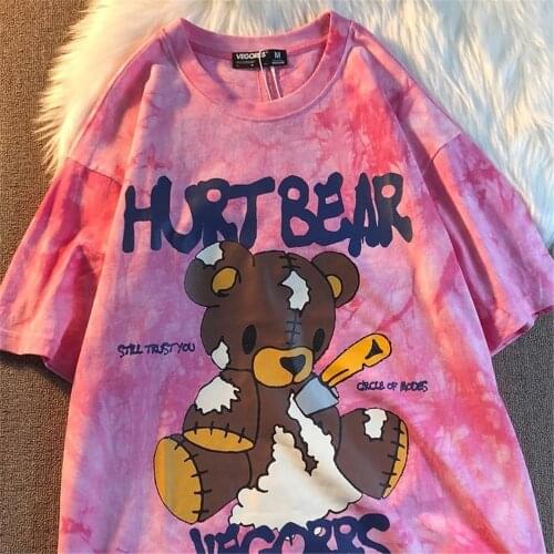 Kawaii Cute Tie Dye Bear Print T-Shirt Loose Summer Oversize Female Tops Tees Funny Japan Harajuku High Street T Shirt Femme