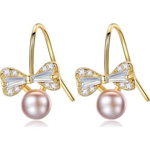 S925 Sterling Silver Light Water 4A Pearl Cute Bow Womens Ear Studs