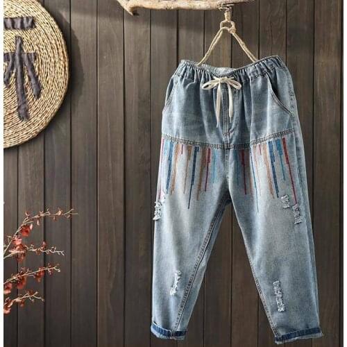 New Summer Women Elastic Waist Vintage Jeans Embroidery cotton Denim Harem Pants all-matched Casual Loose Ripped Jeans