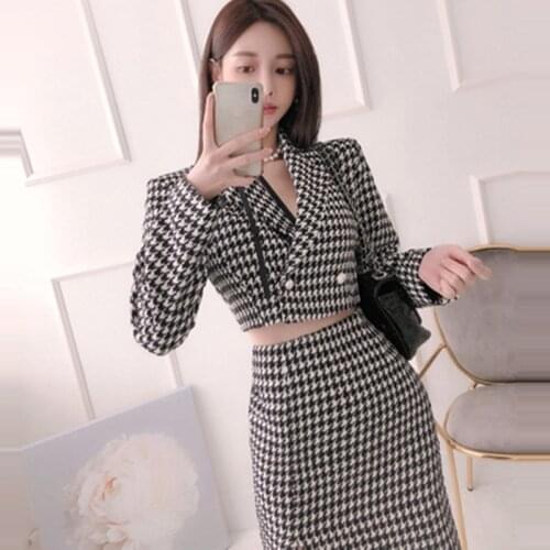 Fashion Plaid Houndstooth Women Winter Wool Tweed Short Jacket Coats + High Waist Split Pencil Skirts Suit Vintage Two Piece Set